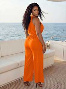 Slaydiva Plus Size Women Solid Color Halter Neck Casual Sexy Elegant Daily Wear Romper Vacation Formal Burnt Orange Summer Brunch Party - Orange - View 2