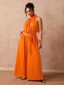Slaydiva Plus Size Women Solid Color Halter Neck Casual Sexy Elegant Daily Wear Romper Vacation Formal Burnt Orange Summer Brunch Party - Orange - View 9