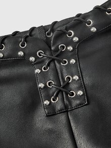 ROMWE Summer Spring Autumn Winter Punk Street Casual Y2K Rivet Lace-Up Perforated Low Waist Tight Super Shorts - Black - View 9