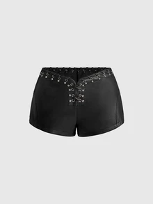 ROMWE Summer Spring Autumn Winter Punk Street Casual Y2K Rivet Lace-Up Perforated Low Waist Tight Super Shorts - Black - View 7