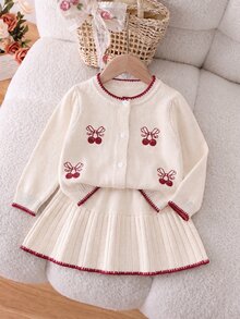 SHEIN 春秋女嬰甜美針織兩件套，櫻桃刺繡圓領開襟毛衣與百褶裙 - 白色 - 查看 1
