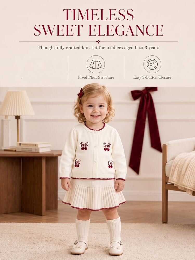 SHEIN Spring/Autumn Baby Girl Sweet Knit 2 Pieces Set, Cherry Embroidered Round Neck Cardigan Sweater & Pleated Skirt - White - View 5