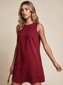 Vaclyn Women's Solid Color Round Neck Sleeveless Casual Elegant Basic Vacation Fashion Dress Burgundy Summer - Burgundy - View 2