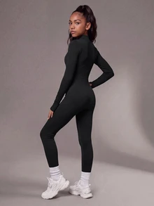 SHEIN Tween Girls Seamless Ribbed Long Sleeve Activewear Modest Minimalist Jumpsuit Mock Neck Half Zip Thumbhole Athletic Stretchy Tight Fall Black - Black - View 4