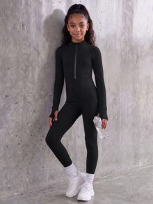 SHEIN Tween Girls Seamless Ribbed Long Sleeve Activewear Modest Minimalist Jumpsuit Mock Neck Half Zip Thumbhole Athletic Stretchy Tight Fall Black - Black - View 2
