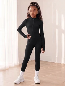 SHEIN Tween Girls Seamless Ribbed Long Sleeve Activewear Modest Minimalist Jumpsuit Mock Neck Half Zip Thumbhole Athletic Stretchy Tight Fall Black - Black - View 6