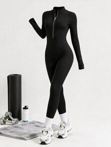 SHEIN Tween Girls Seamless Ribbed Long Sleeve Activewear Modest Minimalist Jumpsuit Mock Neck Half Zip Thumbhole Athletic Stretchy Tight Fall Black - Black - View 3