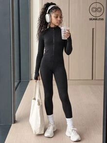SHEIN Tween Girls Seamless Ribbed Long Sleeve Activewear Modest Minimalist Jumpsuit Mock Neck Half Zip Thumbhole Athletic Stretchy Tight Fall Black - Black - View 1