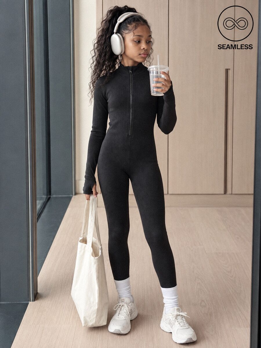 SHEIN Tween Girls Seamless Ribbed Long Sleeve Activewear Modest Minimalist Jumpsuit Mock Neck Half Zip Thumbhole Athletic Stretchy Tight Fall Black - Black - View 1