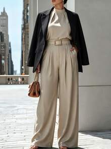 Easura Plus Size Women's New Elegant Commute Minimalist Casual Sleeveless Top And Straight Leg Pants 2 Pieces Set, Apricot Long Pants, Fashionable Versatile Commute Pants Set, Autumn/Winter Innerwear Set, Summer Commute Set - Khaki - View 3