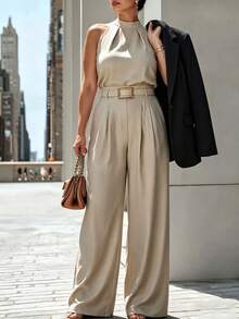Easura Plus Size Women's New Elegant Commute Minimalist Casual Sleeveless Top And Straight Leg Pants 2 Pieces Set, Apricot Long Pants, Fashionable Versatile Commute Pants Set, Autumn/Winter Innerwear Set, Summer Commute Set - Khaki - View 4