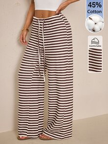 SHEIN PETITE 女款秋冬新款超低腰黑色條紋長褲，棉混紡舒適 - 咖啡棕 - 查看 4
