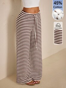 SHEIN PETITE 女款秋冬新款超低腰黑色條紋長褲，棉混紡舒適 - 咖啡棕 - 查看 6