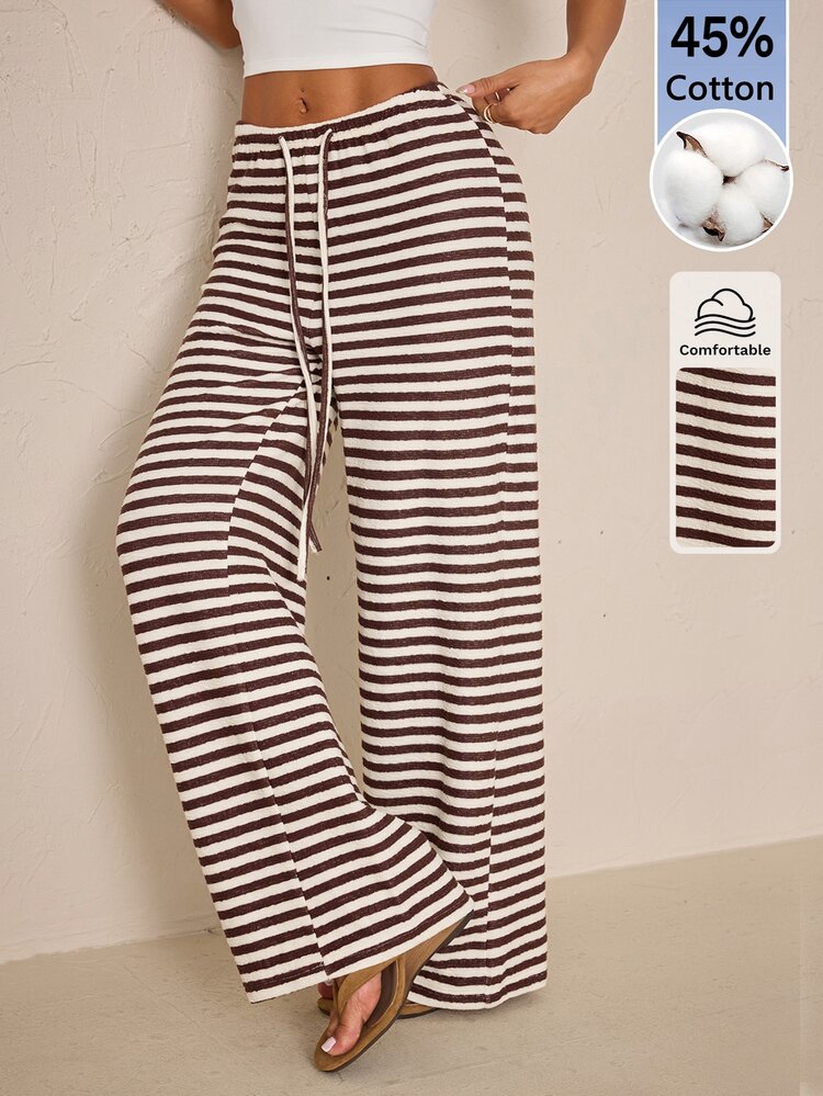 SHEIN PETITE Celana Panjang Wanita Model Terbaru Musim Gugur/Dingin, Pinggang Sangat Rendah, Motif Garis Hitam, Bahan Campuran Katun, Nyaman - Coffee Brown - View 5