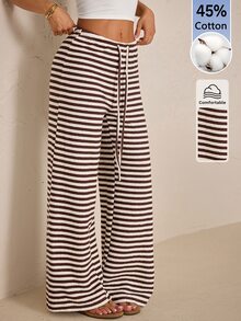 SHEIN PETITE 女款秋冬新款超低腰黑色條紋長褲，棉混紡舒適 - 咖啡棕 - 查看 1