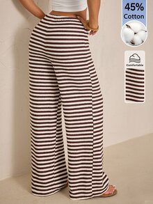 SHEIN PETITE 女款秋冬新款超低腰黑色條紋長褲，棉混紡舒適 - 咖啡棕 - 查看 2