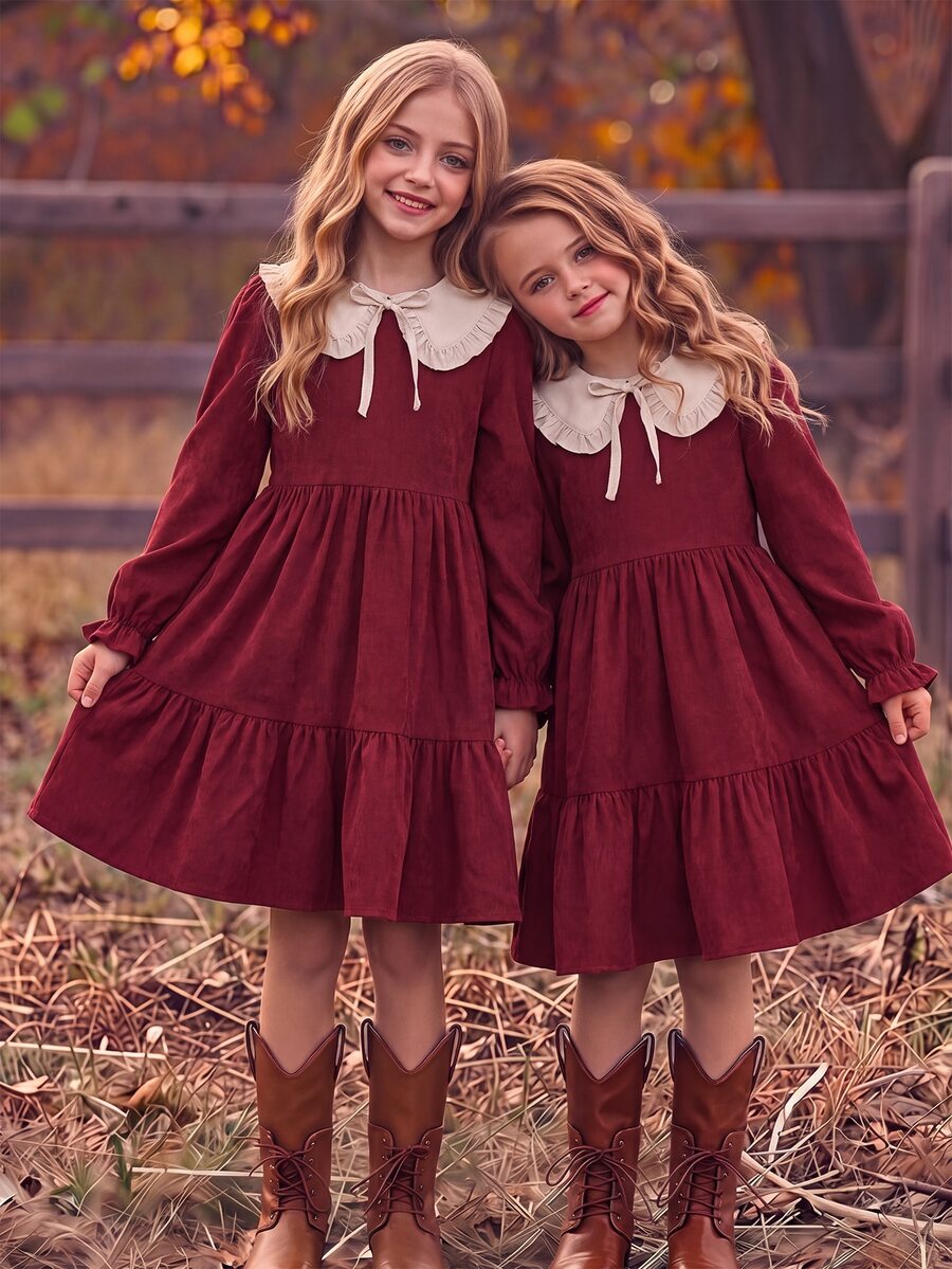 SHEIN Girls Tween Girl Red Corduroy Ruffle Gathered Waist A-Line Dress - Red - View 1