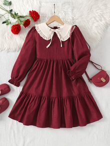 SHEIN 女童青少年紅色燈芯絨荷葉邊抓皺收腰A字洋裝 - 紅色 - 查看 7