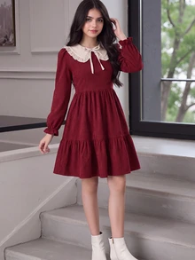 SHEIN 女童青少年紅色燈芯絨荷葉邊抓皺收腰A字洋裝 - 紅色 - 查看 5