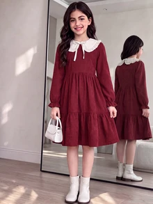 SHEIN 女童青少年紅色燈芯絨荷葉邊抓皺收腰A字洋裝 - 紅色 - 查看 3
