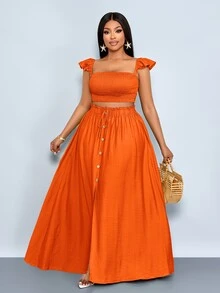 SOLERSUN Burnt Orange Summer Beach Holiday Holiday Plus Size Women Linen-Like Off Shoulder Crop Top And A-Line Front Slit Maxi Skirt, 2 Pieces Outfits - Burnt Orange - View 7