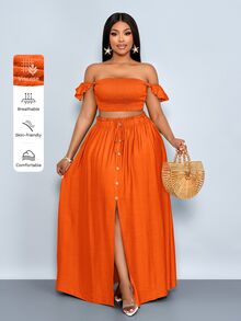 SOLERSUN Burnt Orange Summer Beach Holiday Holiday Plus Size Women Linen-Like Off Shoulder Crop Top And A-Line Front Slit Maxi Skirt, 2 Pieces Outfits - Burnt Orange - View 3