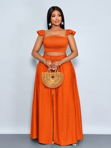 SOLERSUN Burnt Orange Summer Beach Holiday Holiday Plus Size Women Linen-Like Off Shoulder Crop Top And A-Line Front Slit Maxi Skirt, 2 Pieces Outfits - Burnt Orange - View 5