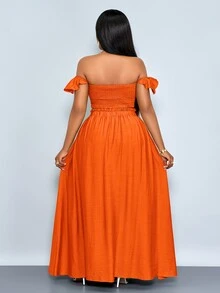 SOLERSUN Burnt Orange Summer Beach Holiday Holiday Plus Size Women Linen-Like Off Shoulder Crop Top And A-Line Front Slit Maxi Skirt, 2 Pieces Outfits - Burnt Orange - View 4