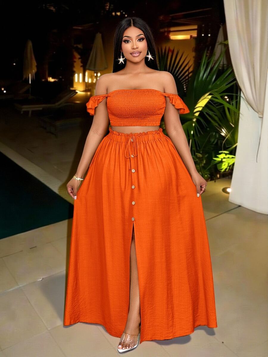SOLERSUN Burnt Orange Summer Beach Holiday Holiday Plus Size Women Linen-Like Off Shoulder Crop Top And A-Line Front Slit Maxi Skirt, 2 Pieces Outfits - Burnt Orange - View 1