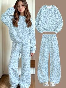 SHEIN Setelan Sweatshirt Motif Leopard dan Celana Panjang Lebar untuk Anak Perempuan Remaja, Warna Biru Muda, Nyaman dan Santai (1 Set) Musim Gugur/Musim Dingin - MultiWarna - View 3