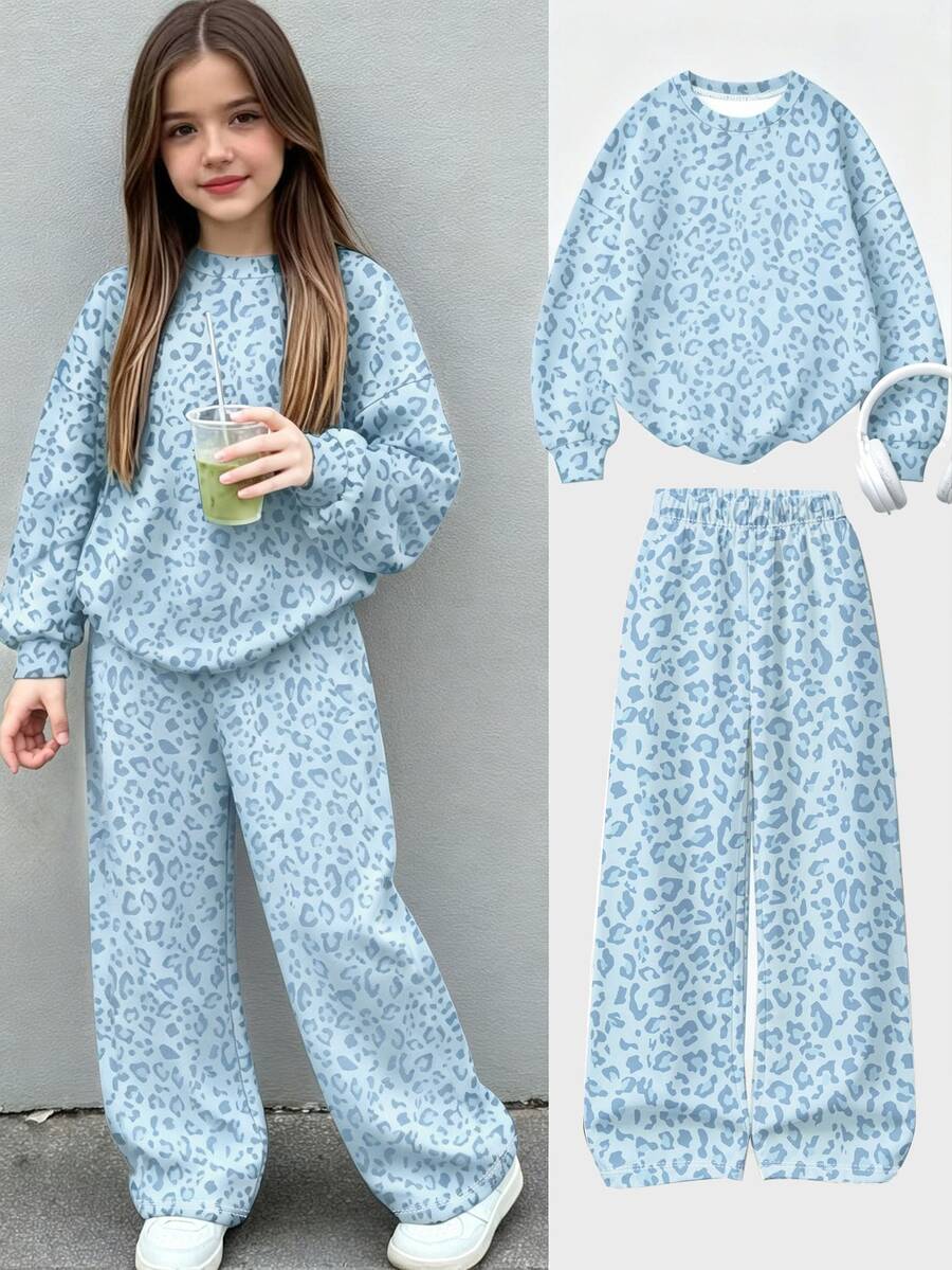 SHEIN Setelan Sweatshirt Motif Leopard dan Celana Panjang Lebar untuk Anak Perempuan Remaja, Warna Biru Muda, Nyaman dan Santai (1 Set) Musim Gugur/Musim Dingin - MultiWarna - View 1