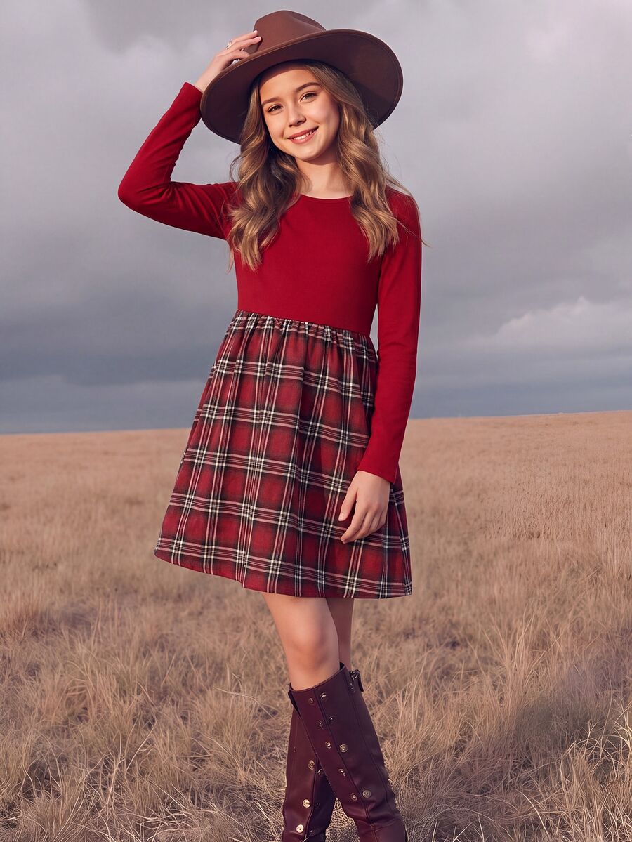 SHEIN Girls Round Neck Long Sleeve Patchwork Dress & Solid Burgundy ...
