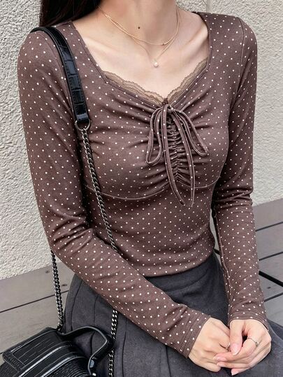 FRIFUL レディース ドット柄 プリント 配色レース フロントリボン 長袖Tシャツ