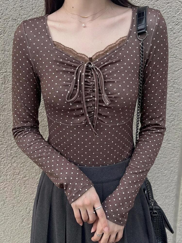 FRIFUL Women's Polka Dot Print Contrast Lace Front Tie Long Sleeve T-Shirt - Brown - View 3