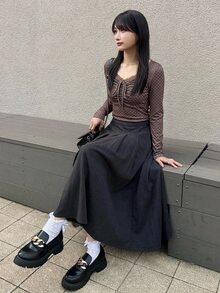 FRIFUL 女款波點印花對比蕾絲前綁帶長袖T恤 - 棕色 - 查看 4
