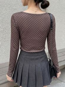 FRIFUL 女款波點印花對比蕾絲前綁帶長袖T恤 - 棕色 - 查看 2