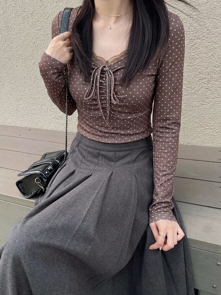 FRIFUL Women's Polka Dot Print Contrast Lace Front Tie Long Sleeve T-Shirt - Brown - View 6