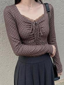 FRIFUL 女款波點印花對比蕾絲前綁帶長袖T恤 - 棕色 - 查看 5