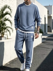 Manfinity Homme 2pcs Men's Plus Size Casual Simple Set,Crew Neck Contrast Color Long Sleeve Top&Loose Comfortable Pants,Blue And White Stripe,Autumn,Casual,Hiking - Blue - View 4