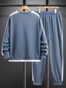 Manfinity Homme 2pcs Men's Plus Size Casual Simple Set,Crew Neck Contrast Color Long Sleeve Top&Loose Comfortable Pants,Blue And White Stripe,Autumn,Casual,Hiking - Blue - View 2