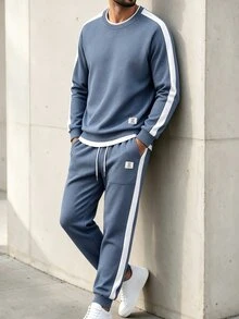 Manfinity Homme 2pcs Men's Plus Size Casual Simple Set,Crew Neck Contrast Color Long Sleeve Top&Loose Comfortable Pants,Blue And White Stripe,Autumn,Casual,Hiking - Blue - View 5