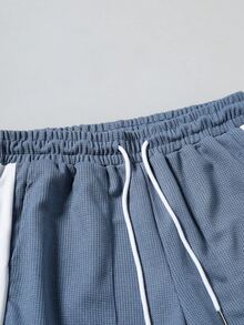 Manfinity Homme 2pcs Men's Plus Size Casual Simple Set,Crew Neck Contrast Color Long Sleeve Top&Loose Comfortable Pants,Blue And White Stripe,Autumn,Casual,Hiking - Blue - View 9