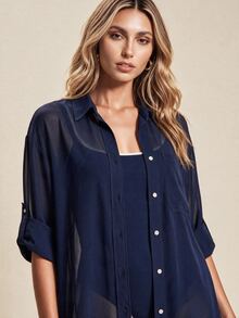 Vaclyn Women's Solid Color Semi-Transparent Fashion Versatile Long Sleeve Blouse - Navy Blue - View 2