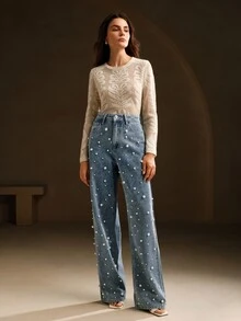 Anewsta 女士高腰时尚串珠宽松阔腿亮面牛仔裤，优雅嘉年华春季及情人节装扮 - 藍色 - 查看 6