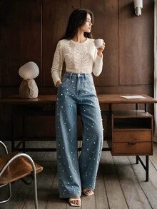 Anewsta 女士高腰时尚串珠宽松阔腿亮面牛仔裤，优雅嘉年华春季及情人节装扮 - 藍色 - 查看 2