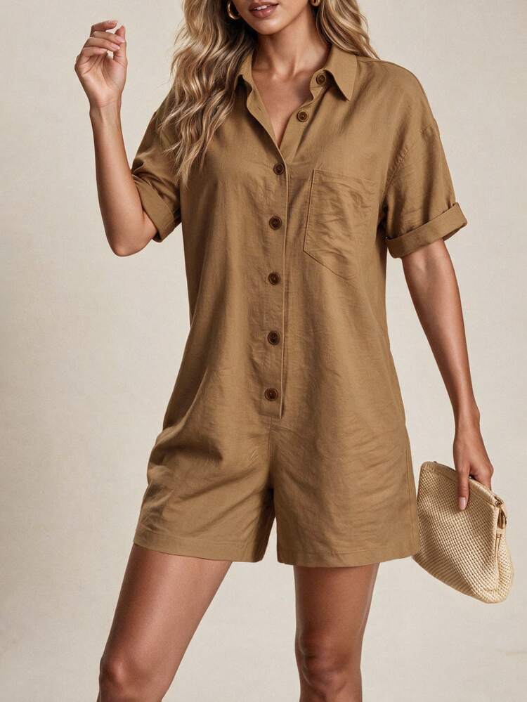 Vaclyn Women's Solid Color Drop Shoulder Short Sleeve Front Button Loose Casual Jumpsuit, Summer - Khaki - View 2