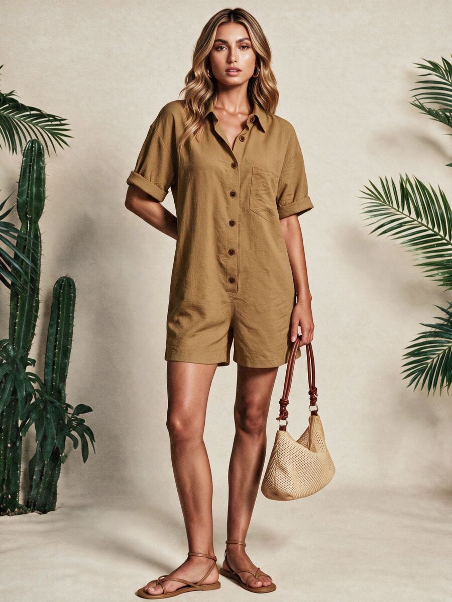Vaclyn Women's Solid Color Drop Shoulder Short Sleeve Front Button Loose Casual Jumpsuit, Summer - Khaki - View 1