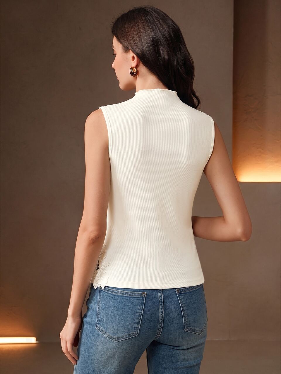 Anewsta Elegant Women's White Mock Neck Sleeveless Top With Exquisite Lace Detail