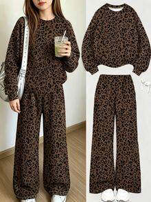 SHEIN Tween Girls Leopard Print Sweatshirt & Wide Leg Pants Set, Brown Black Cozy Casual Outfit, Fall Winter, 2 Pieces - Multicolor - View 3