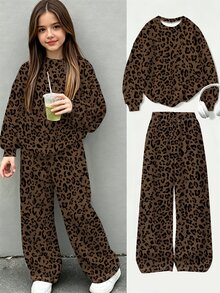 SHEIN Tween Girls Leopard Print Sweatshirt & Wide Leg Pants Set, Brown Black Cozy Casual Outfit, Fall Winter, 2 Pieces - Multicolor - View 1